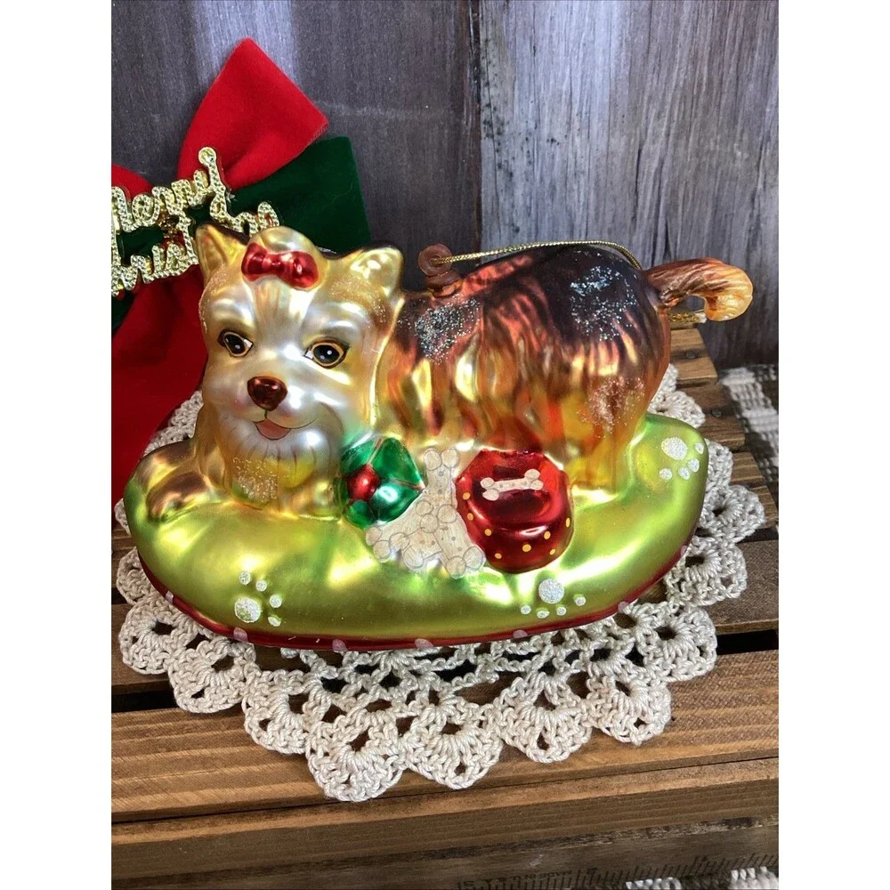 Charming Yorkie Hand Blown Glass Christmas Tree Ornament + I Love My Dog Bone